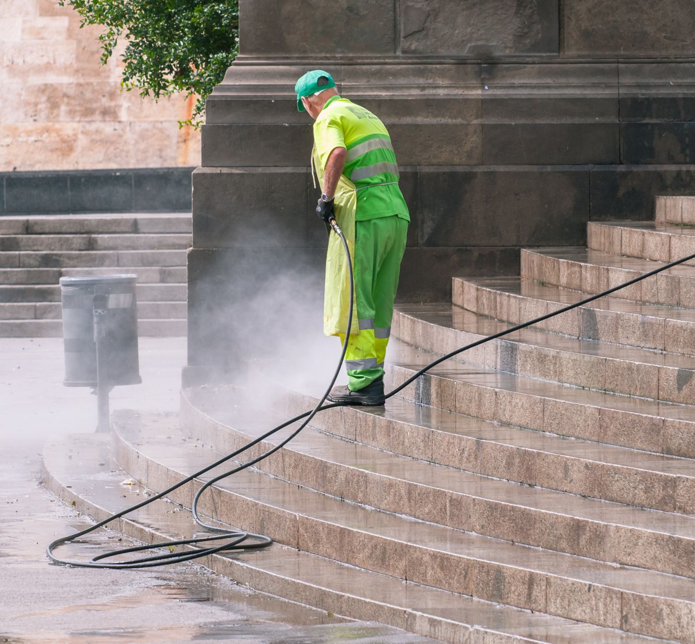 Pressure washing stone stairs